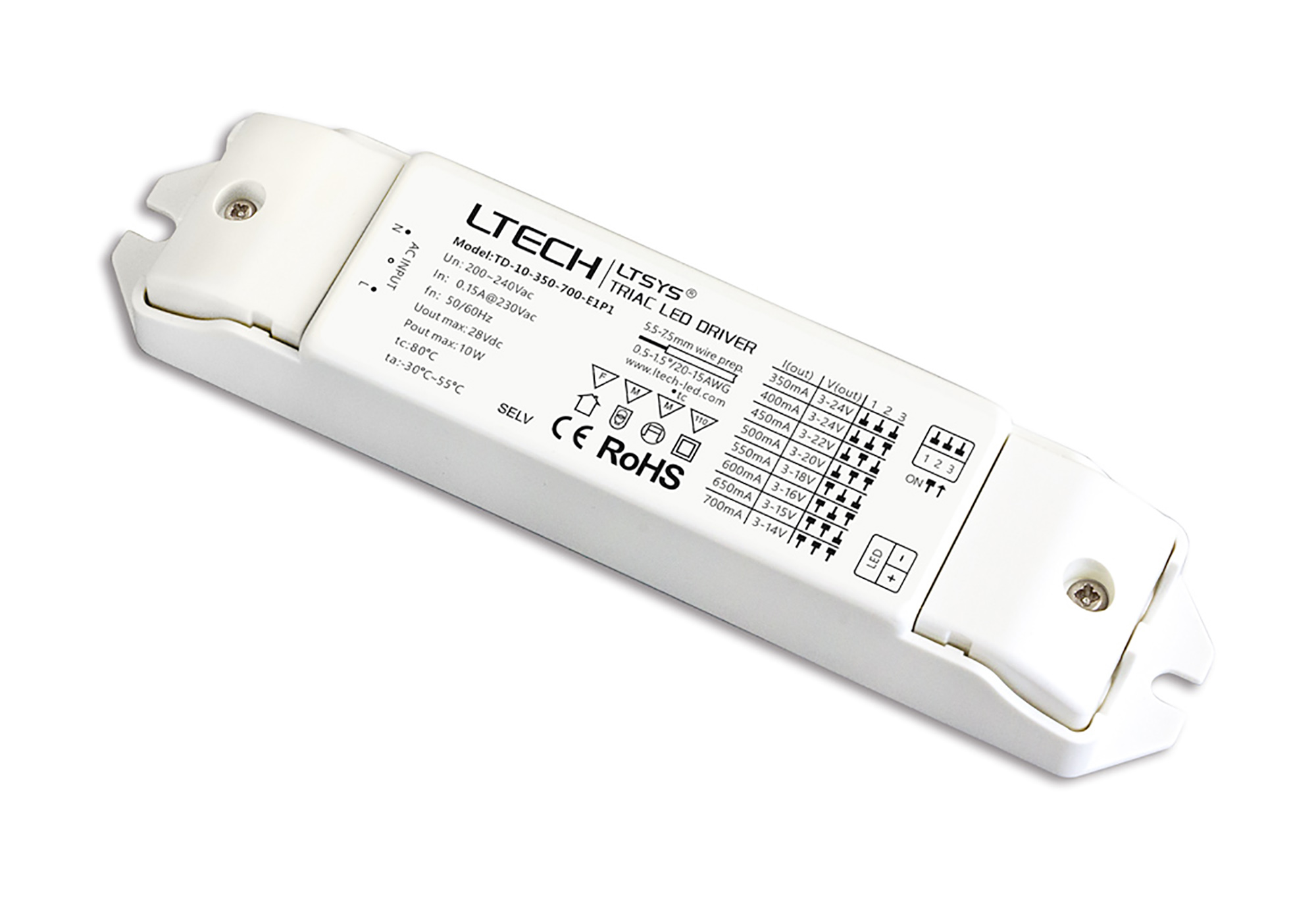 TD-10-350-700-E1P1  Triac/ELV PWM 1.05-10W C. Current Dimmable Driver, 3-24Vdc, 350-700mA, 200-240Vac input, IP44.